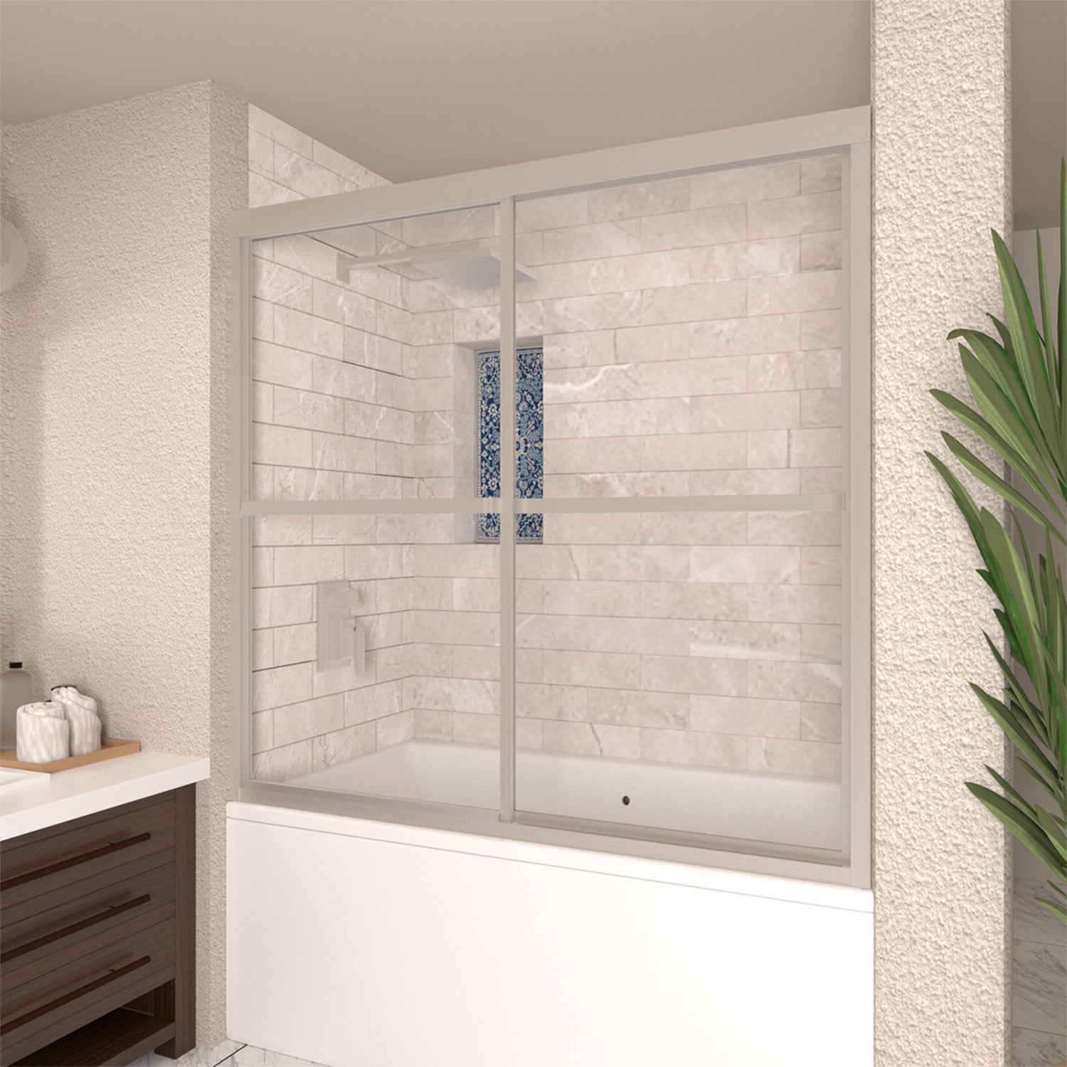 TaiMei 59 in. W x 56 in. H Sliding Framed Tub/Shower Door with Clear Glass and Handles