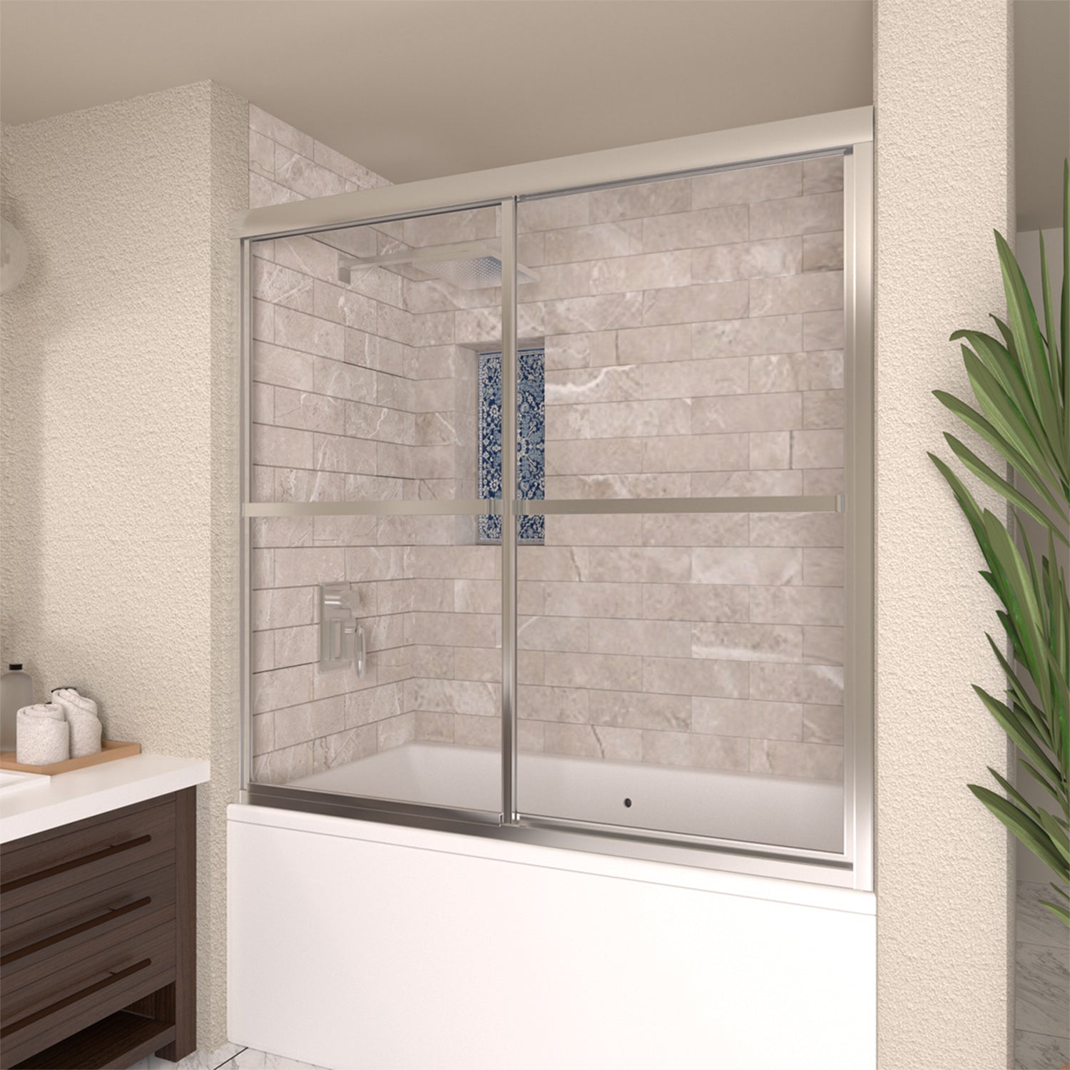 TaiMei 59 in. W x 56 in. H Sliding Framed Tub/Shower Door with Clear Glass and Handles