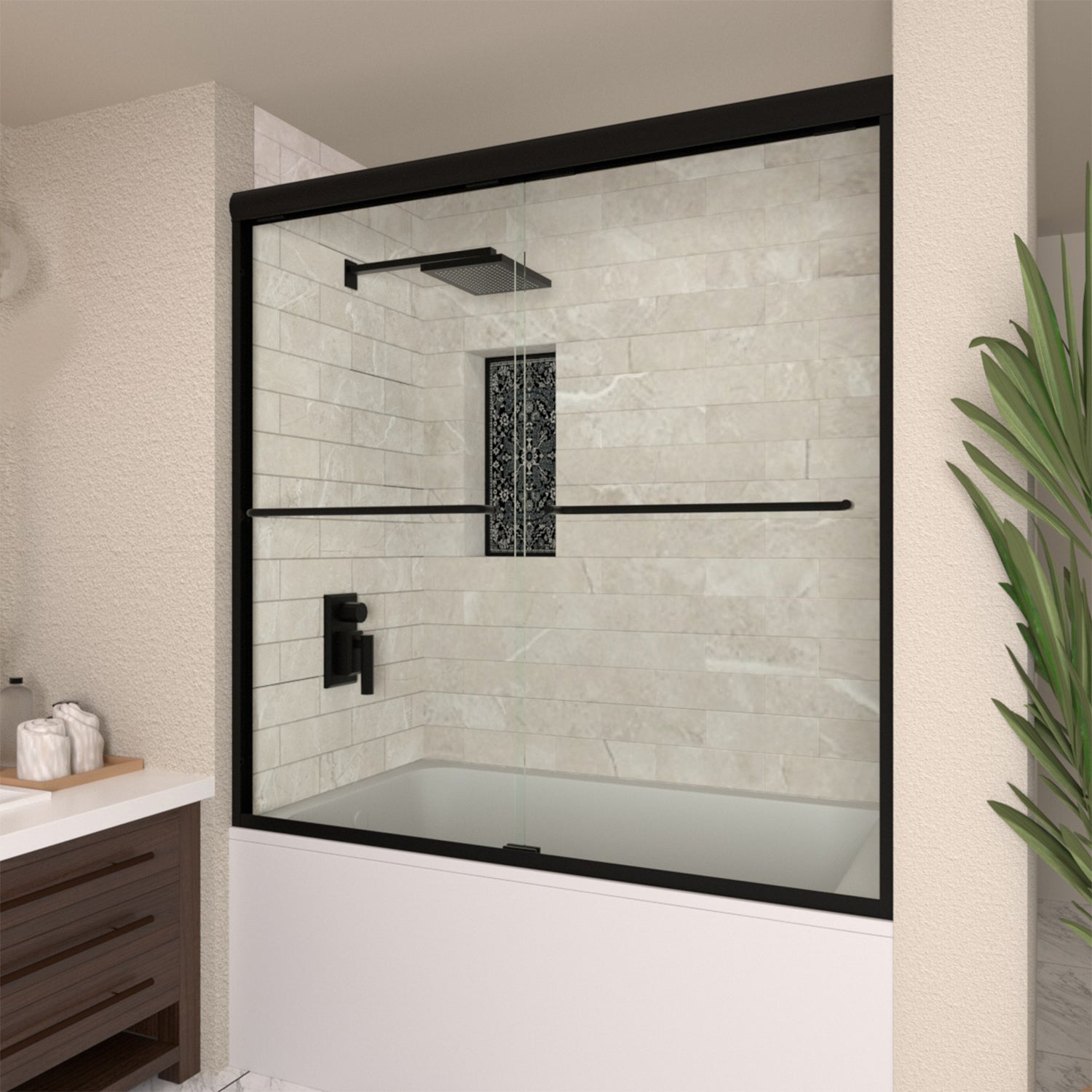 TaiMei 56 in. W x 60 in. H Sliding Semi Frameless Tub/Shower Door with Clear Glass and Handles