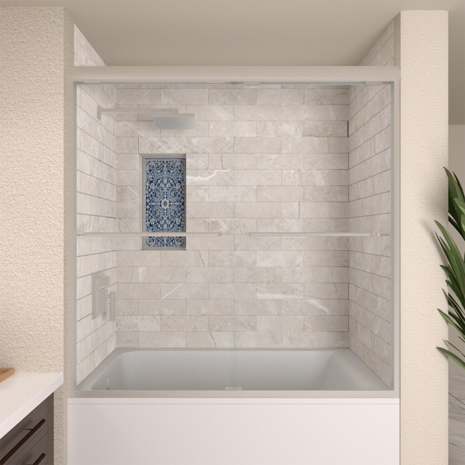 TaiMei 60 in. W x 56 in. H Sliding Semi Frameless Tub Door  with Clear Glass