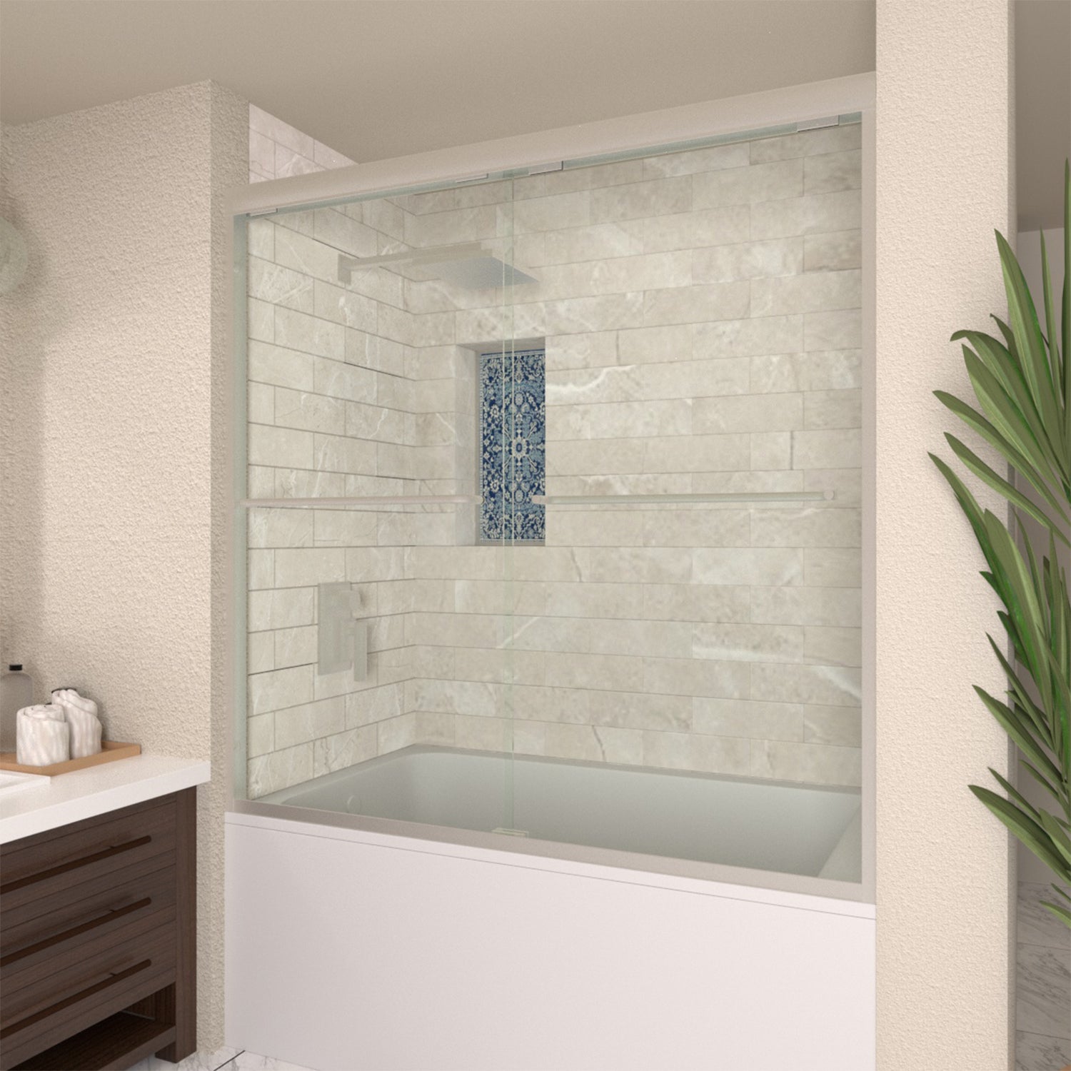 TaiMei 56 in. W x 60 in. H Sliding Semi Frameless Tub/Shower Door with Clear Glass and Handles