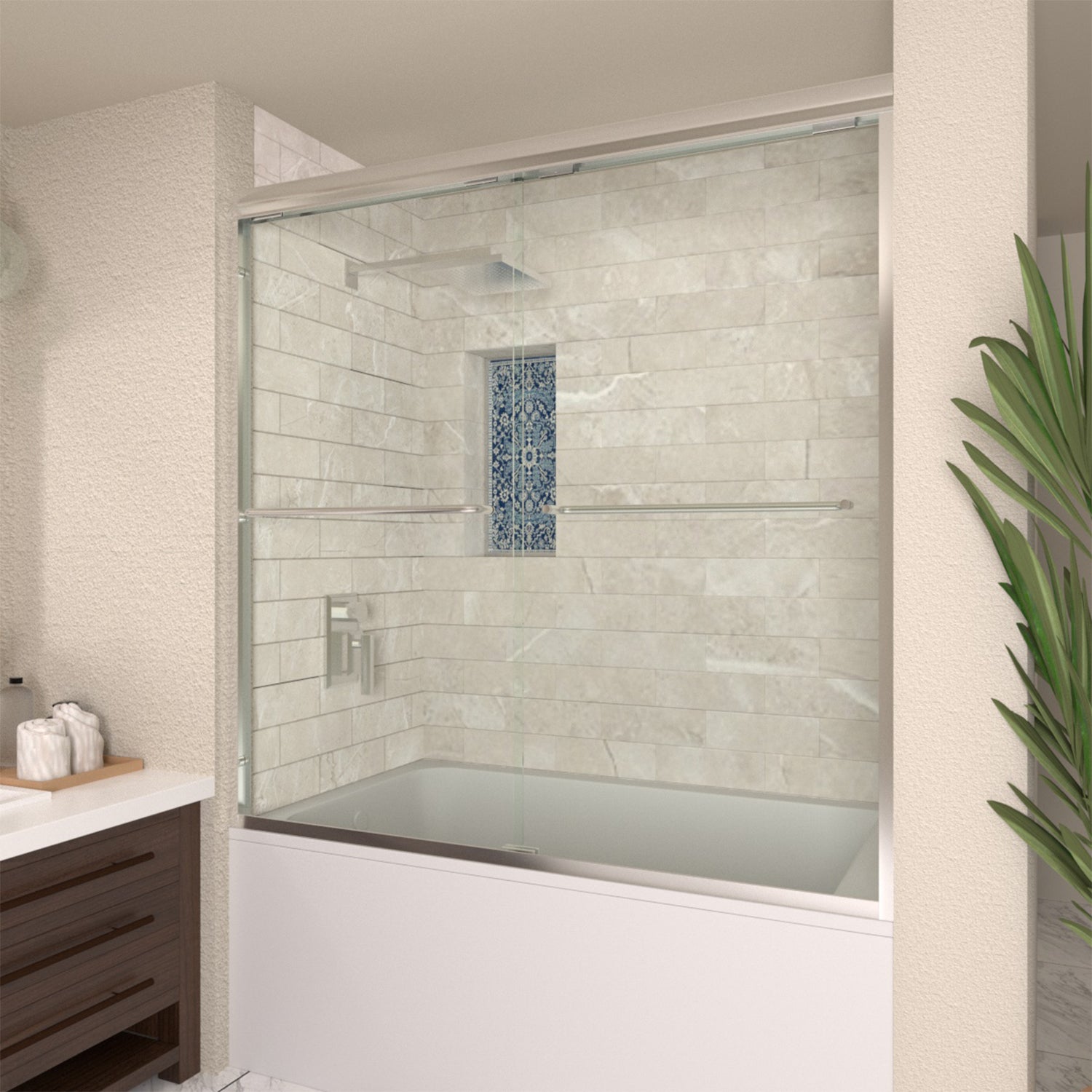 TaiMei 56 in. W x 60 in. H Sliding Semi Frameless Tub/Shower Door with Clear Glass and Handles