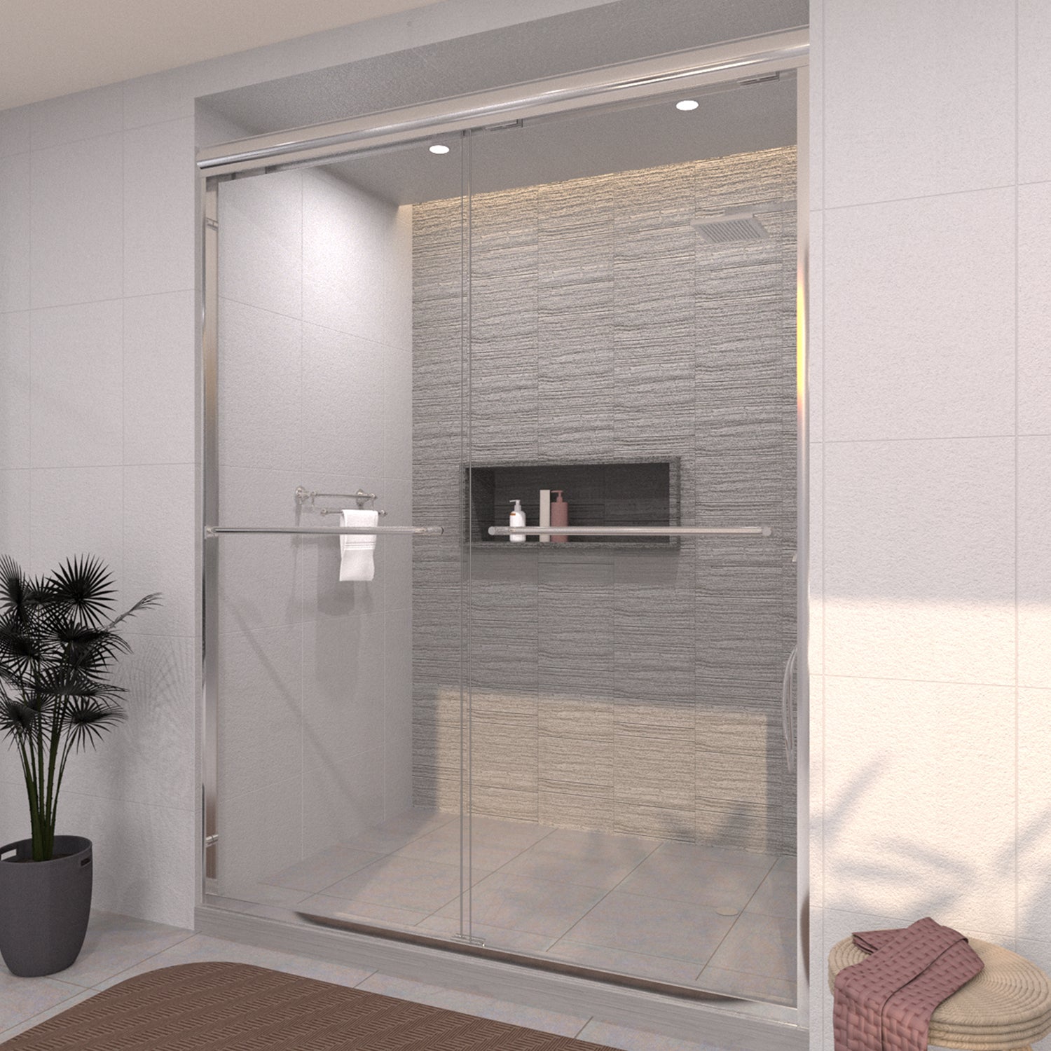 TaiMei 60 in. W x 72 in. H Sliding Semi-Frameless Shower Door with Clear Glass and Handles