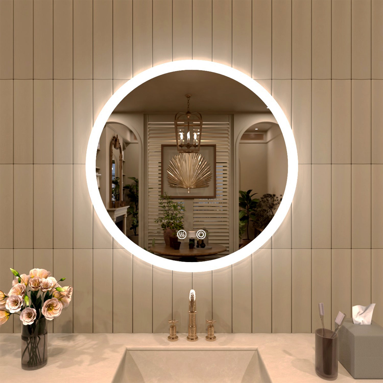 TaiMei Multiple Sizes Round Frameless LED Light Anti-Fog Wall Bathroom Vanity Mirror in Polished Crystal