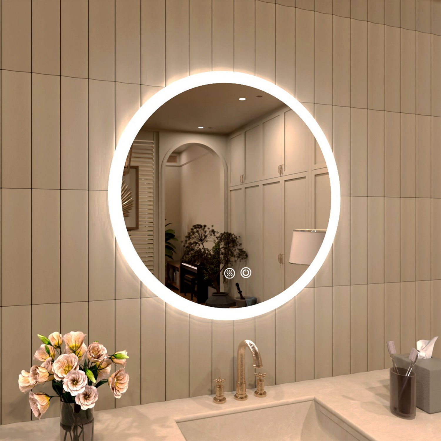 TaiMei Multiple Sizes Round Frameless LED Light Anti-Fog Wall Bathroom Vanity Mirror in Polished Crystal