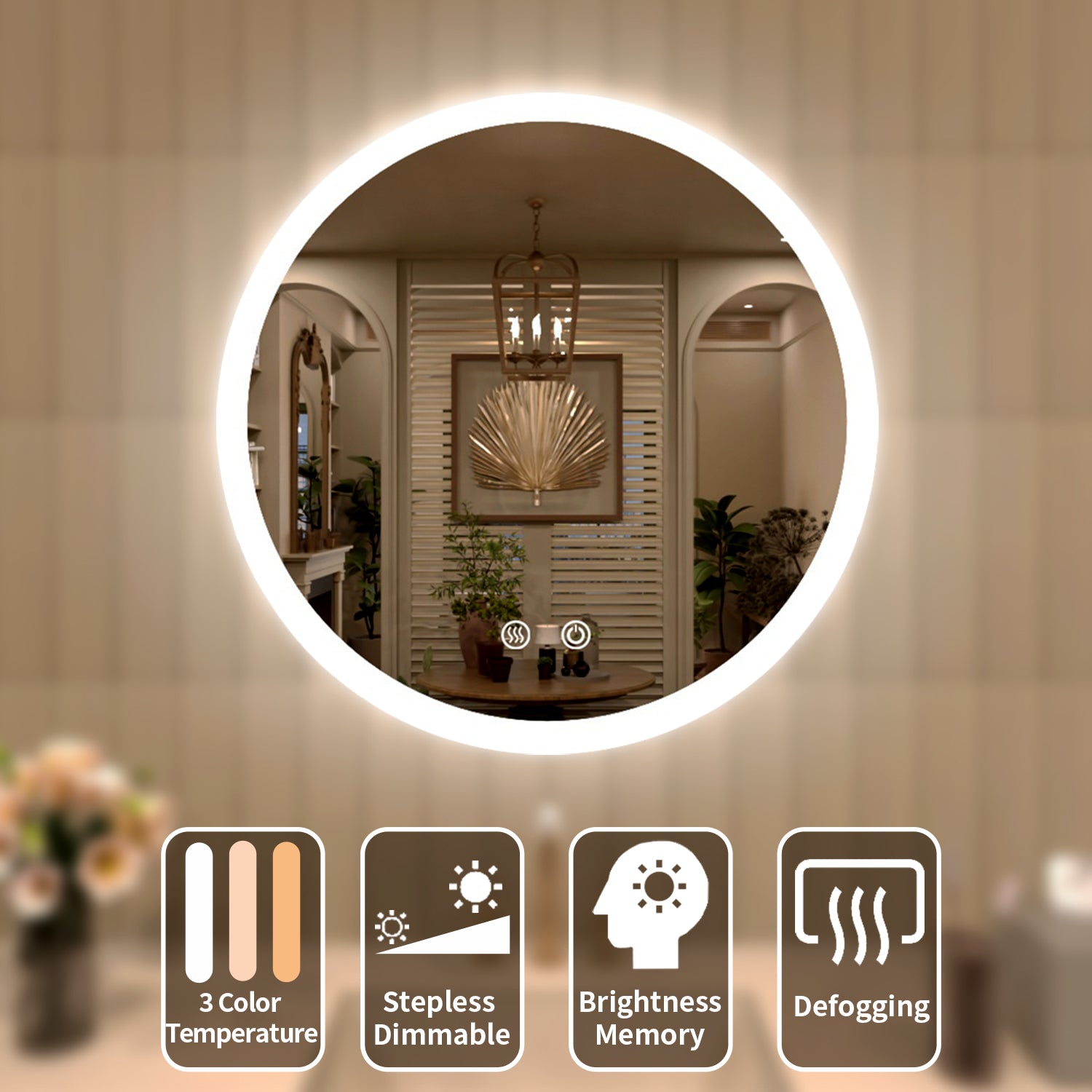 TaiMei Multiple Sizes Round Frameless LED Light Anti-Fog Wall Bathroom Vanity Mirror in Polished Crystal