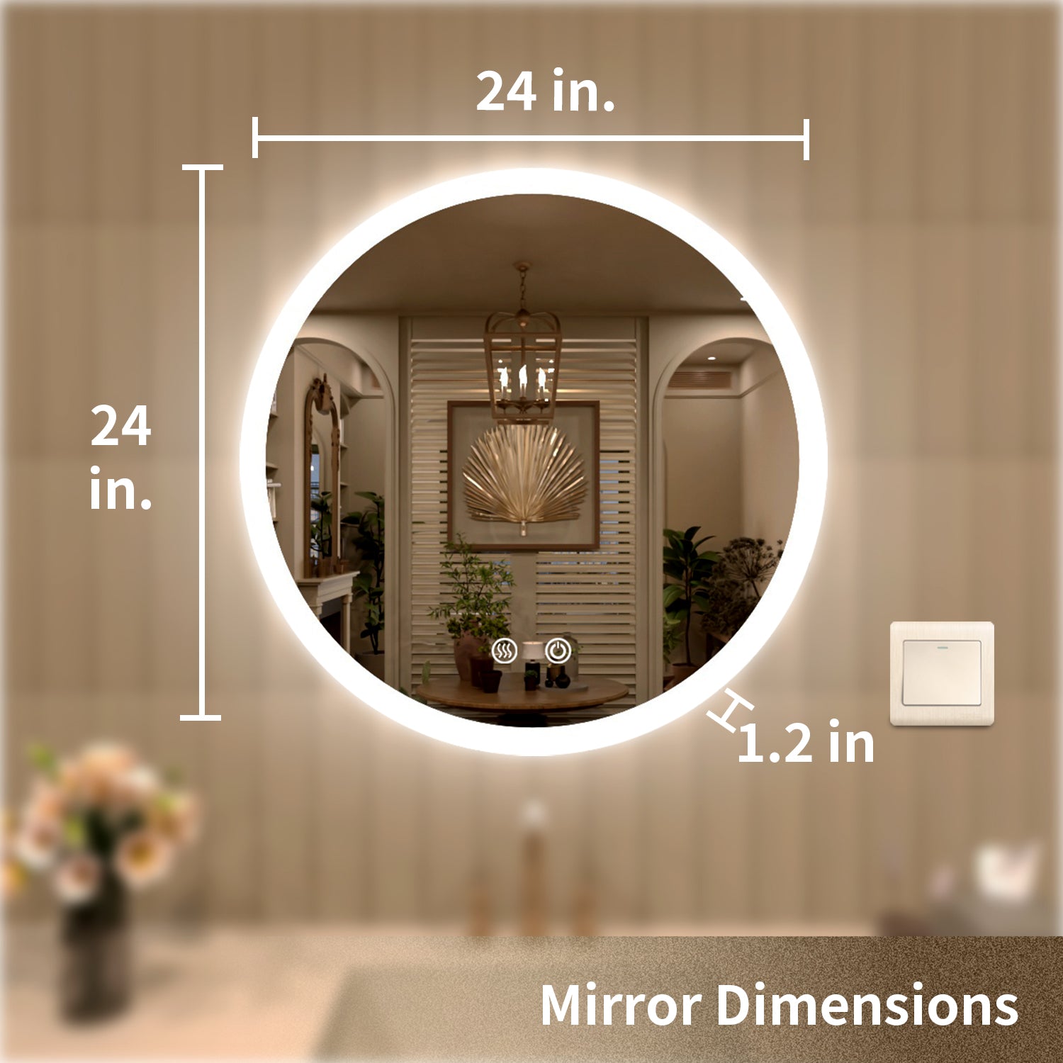 TaiMei Multiple Sizes Round Frameless LED Light Anti-Fog Wall Bathroom Vanity Mirror in Polished Crystal