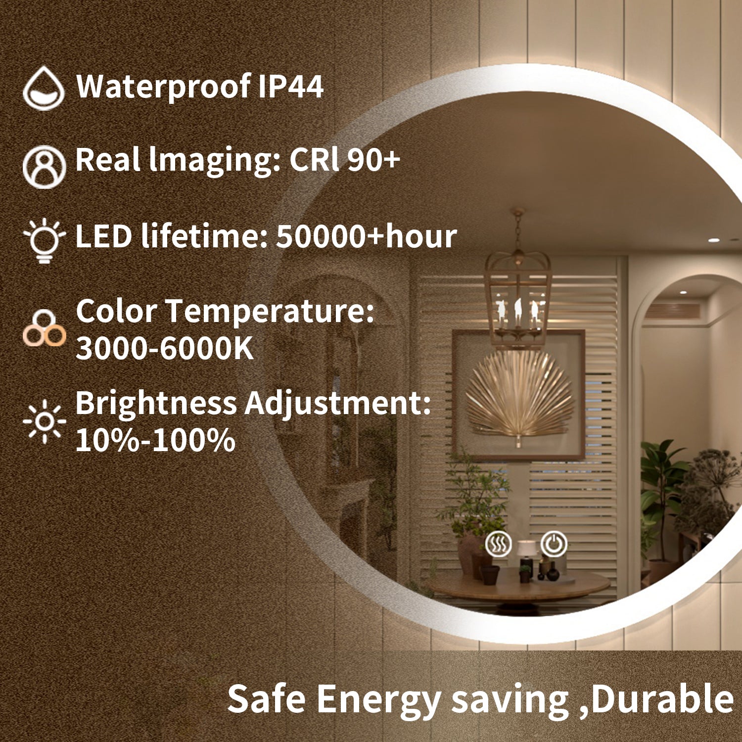 TaiMei Multiple Sizes Round Frameless LED Light Anti-Fog Wall Bathroom Vanity Mirror in Polished Crystal
