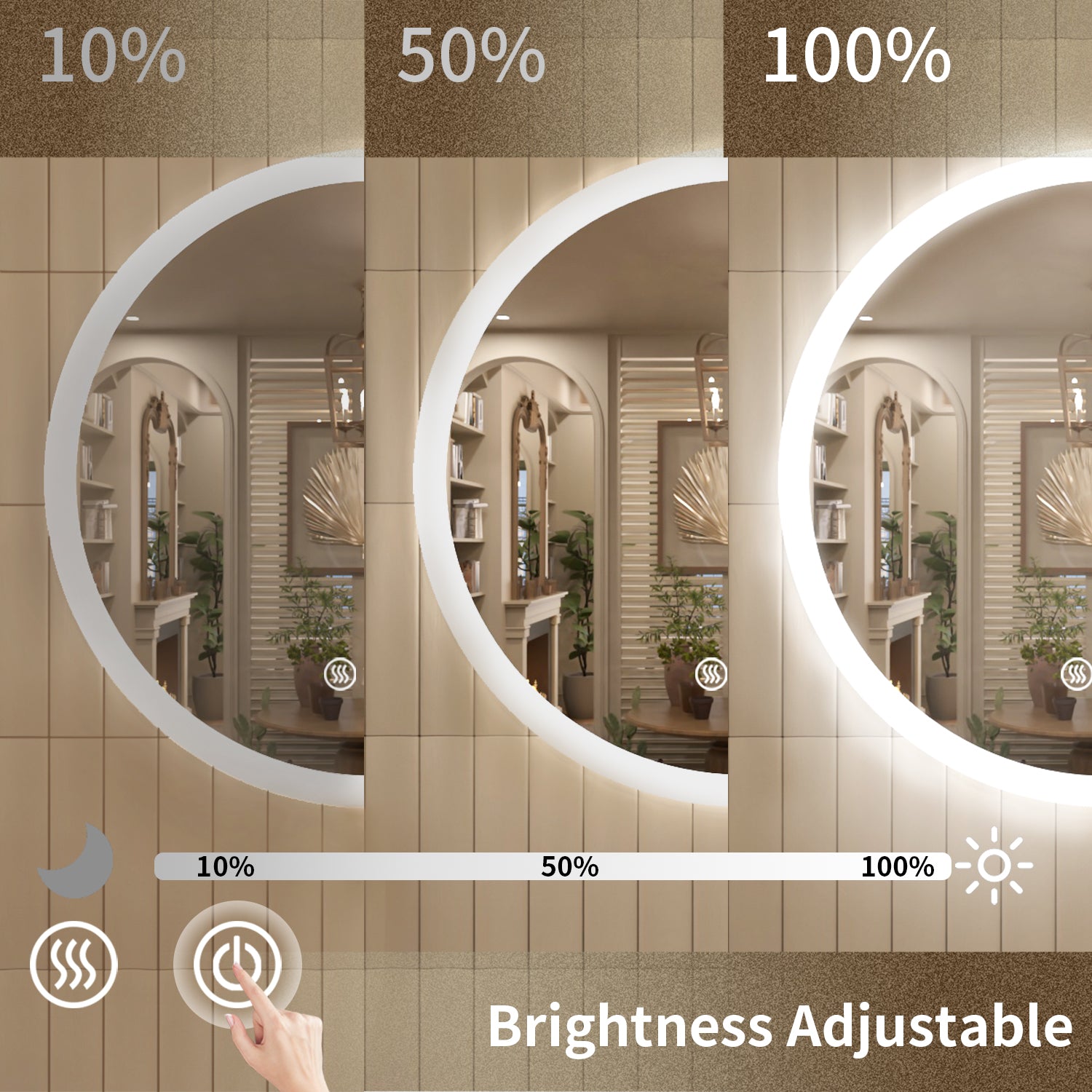 TaiMei Multiple Sizes Round Frameless LED Light Anti-Fog Wall Bathroom Vanity Mirror in Polished Crystal