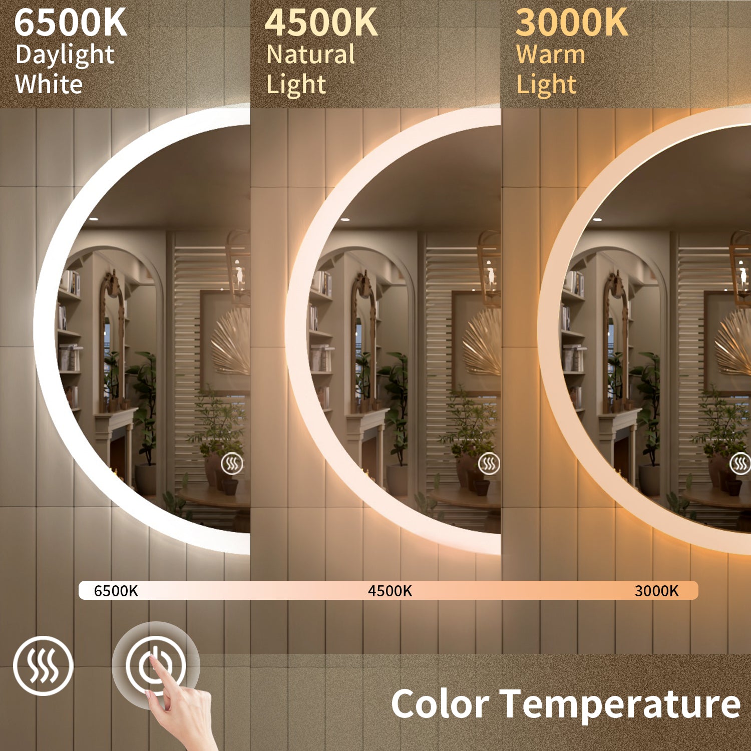 TaiMei Multiple Sizes Round Frameless LED Light Anti-Fog Wall Bathroom Vanity Mirror in Polished Crystal