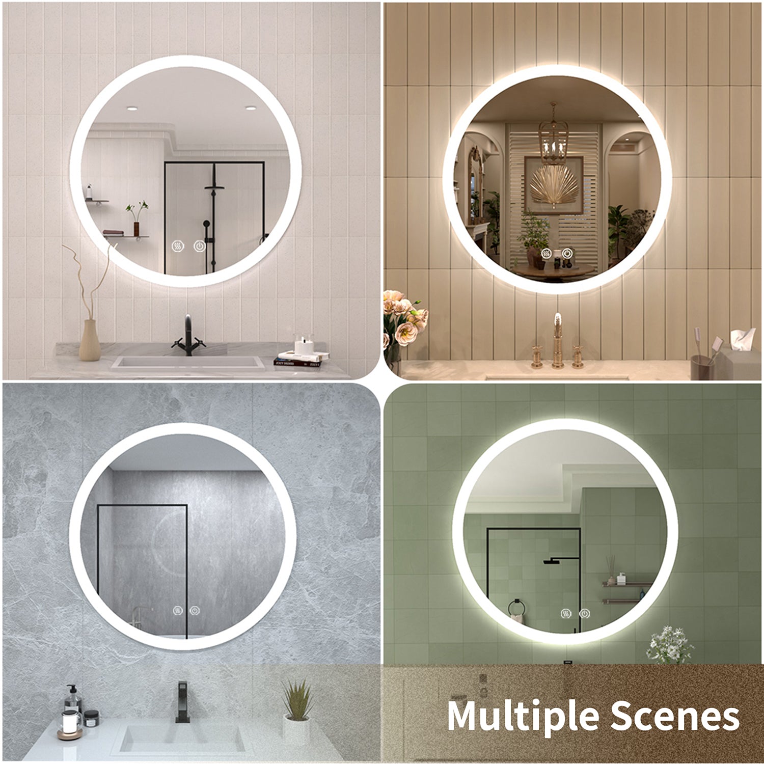 TaiMei Multiple Sizes Round Frameless LED Light Anti-Fog Wall Bathroom Vanity Mirror in Polished Crystal