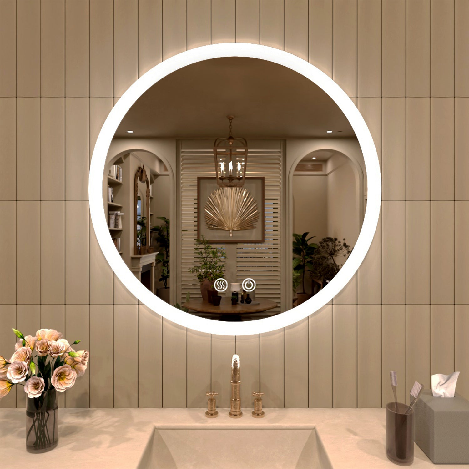 TaiMei Multiple Sizes Round Frameless LED Light Anti-Fog Wall Bathroom Vanity Mirror in Polished Crystal