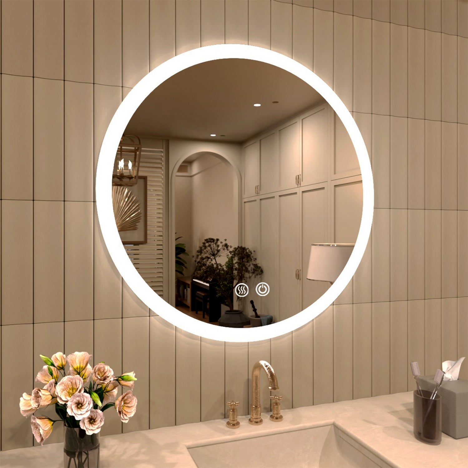 TaiMei Multiple Sizes Round Frameless LED Light Anti-Fog Wall Bathroom Vanity Mirror in Polished Crystal