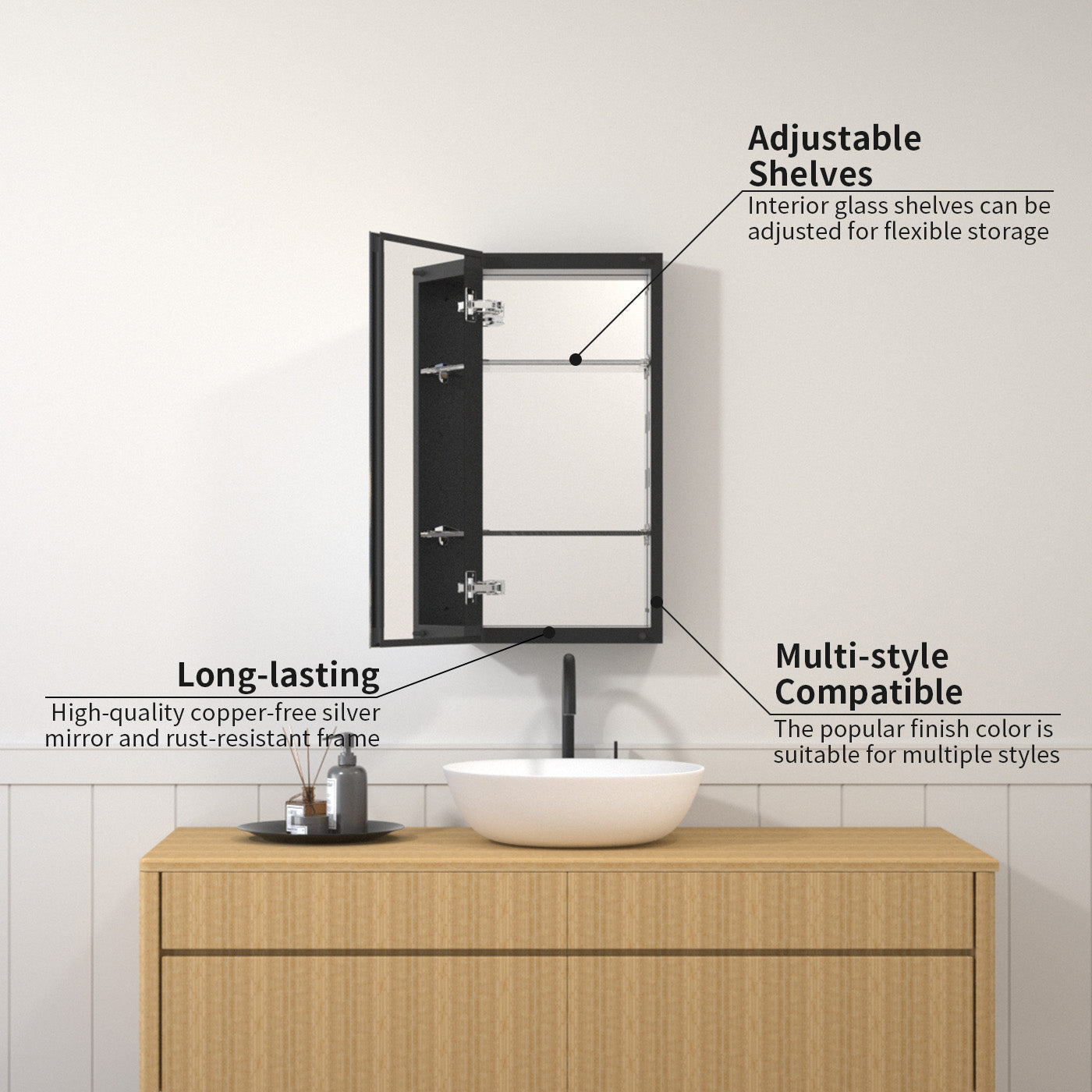 TaiMei 12 in. x 24 in. Frameless Recessed or Surface-Mount Beveled Single Mirror Bathroom Medicine Cabinet