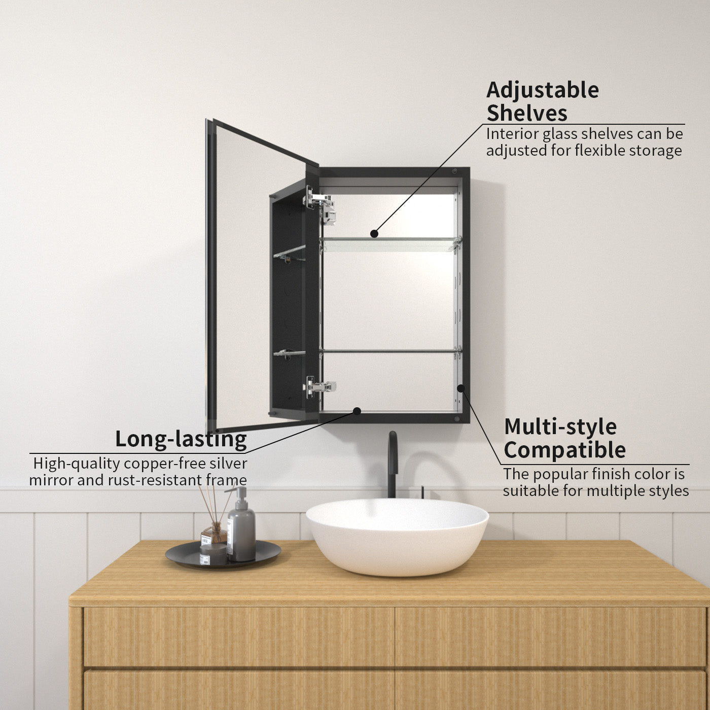 TaiMei 15 in. x 24 in. Frameless Recessed or Surface-Mount Beveled Single Mirror Bathroom Medicine Cabinet