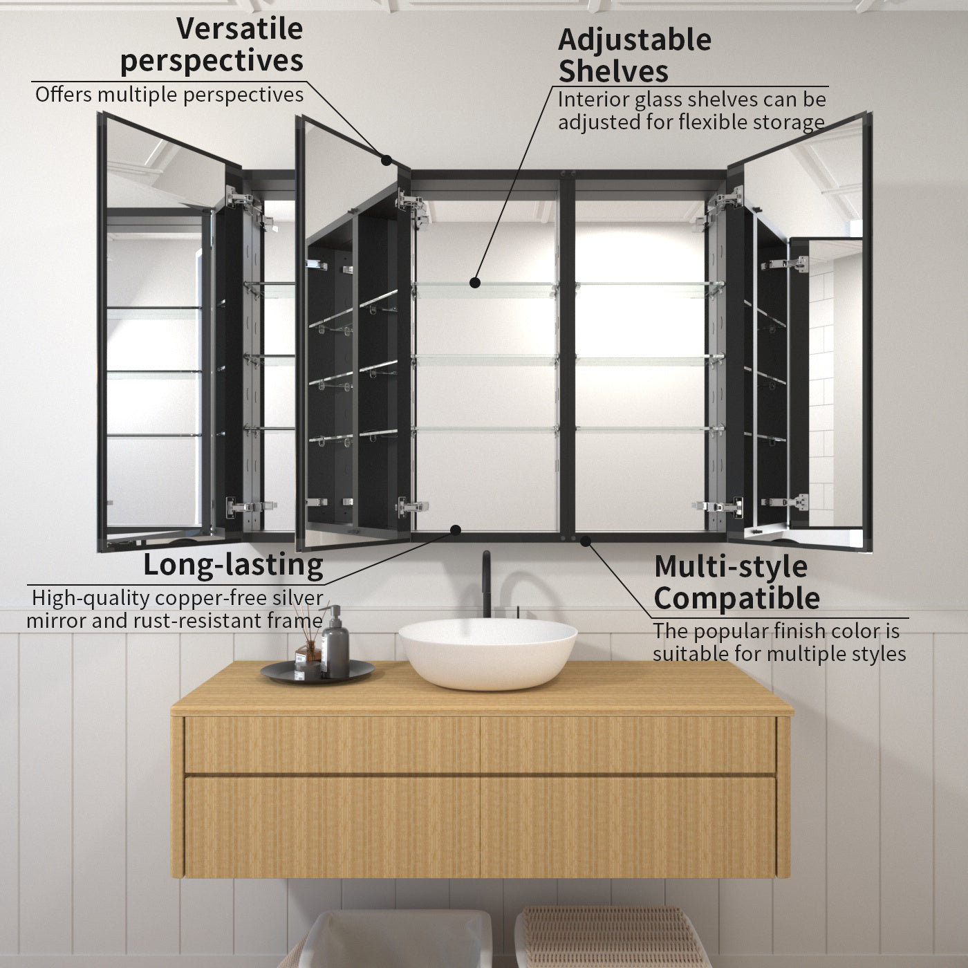 TaiMei 48 in. x 36 in. Frameless Recessed or Surface-Mount Beveled Triple Mirror Bathroom Medicine Cabinet