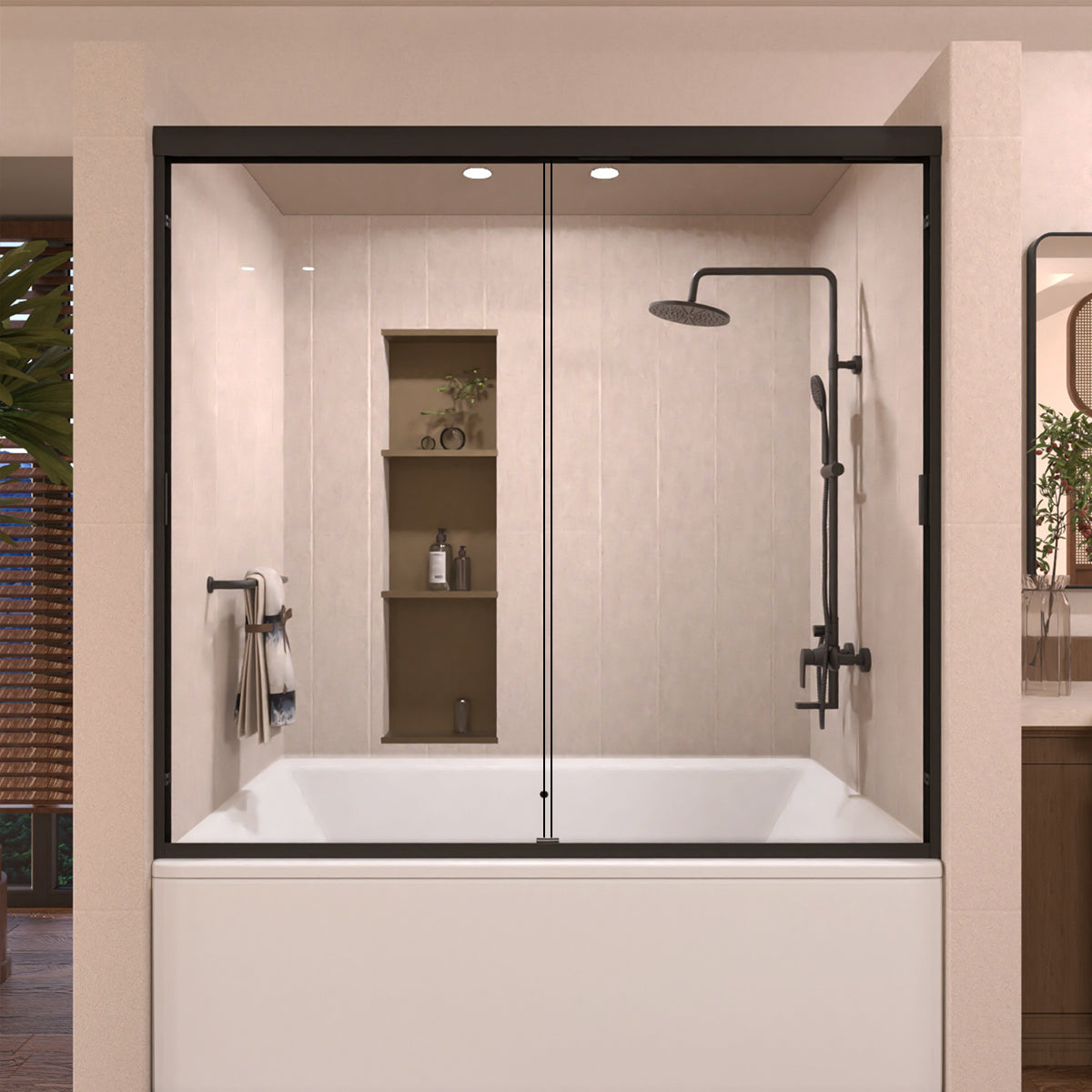 Taimei 60 in. W x 56 in. H Sliding Semi-Frameless Tub Door with Clear Glass and Handles