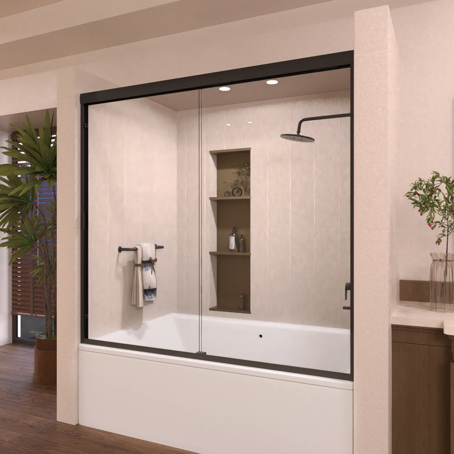 Taimei 60 in. W x 56 in. H Sliding Semi-Frameless Tub Door with Clear Glass and Handles