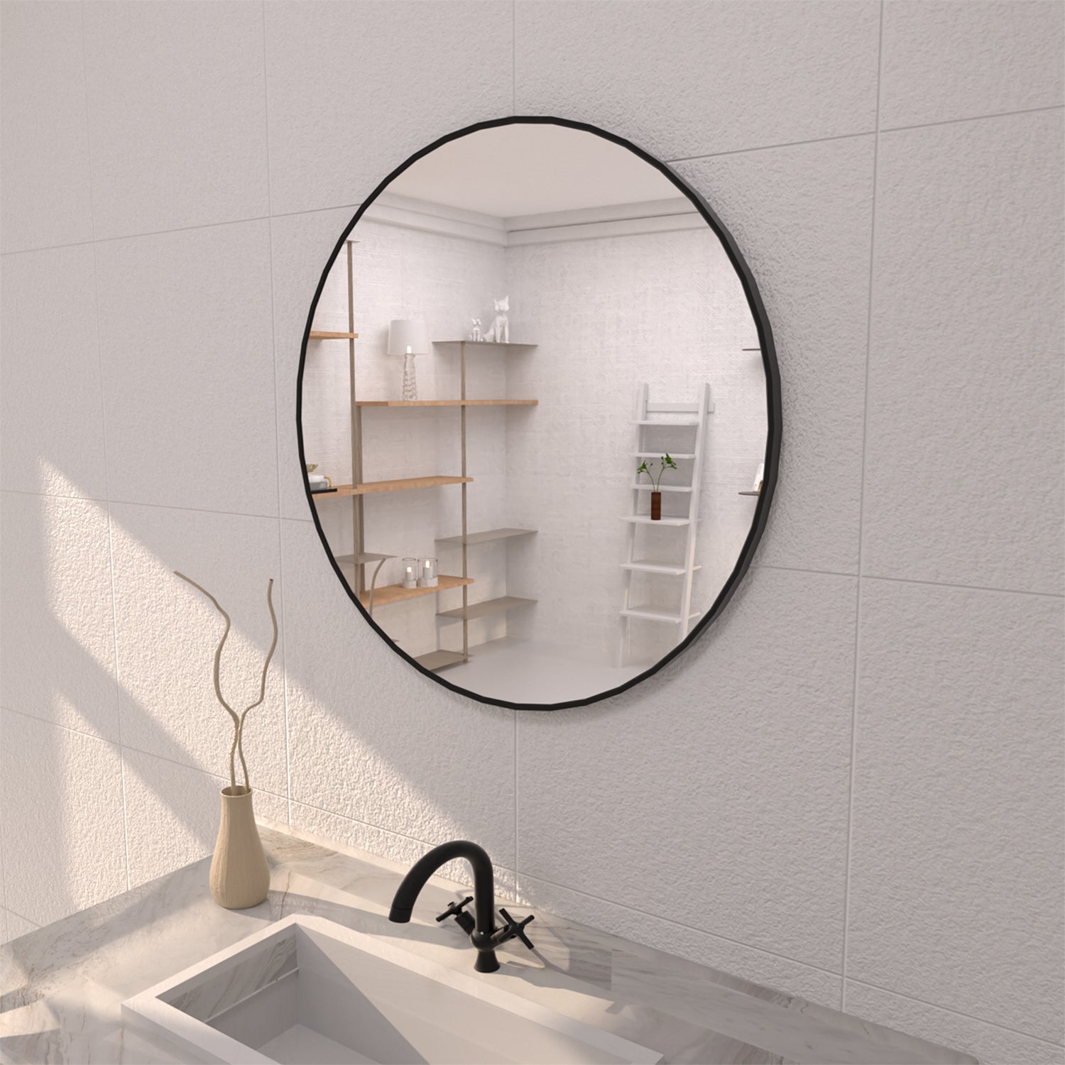 TaiMei Multiple sizes Round Framed Wall Bathroom Vanity Mirror in Matte Black